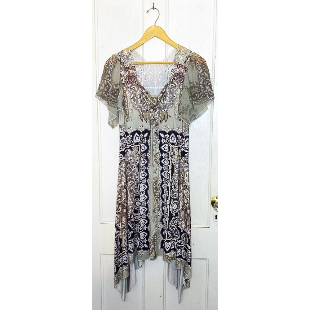 Vintage One World : size M : sage green multicolor crochet Y2K boho fairy dress